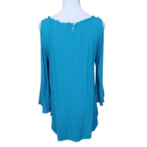 CHICO'S 1 Crinkle Gauze Top Blouse‎ M Turquoise Blue Cold Shoulder Flare Sleeve - Picture 10 of 10